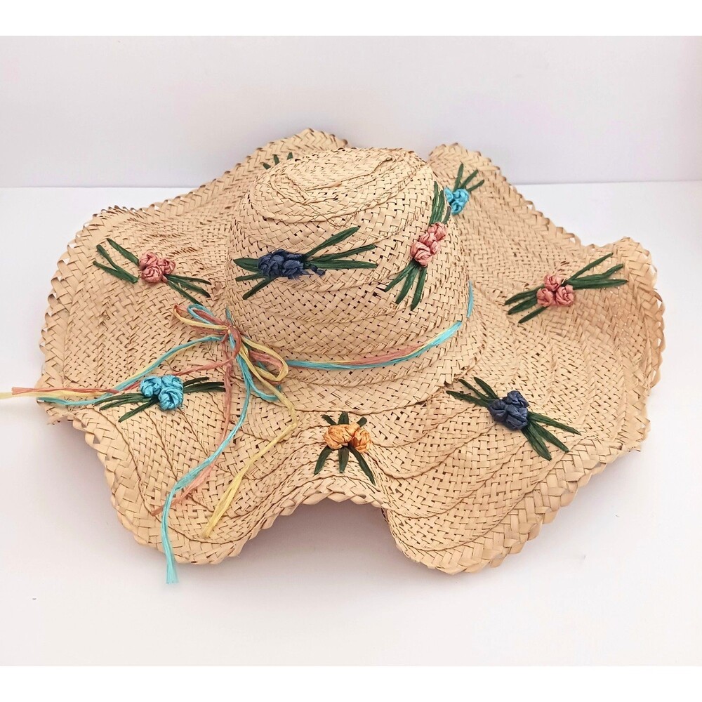 VTG 60-70s Wavy Wide Brim Straw Hat Embroidered Raffia Flowers Handmade Kitchy